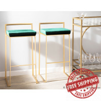 Lumisource B30-FUJI AUVGN2 Fuji Contemporary-Glam Stackable Barstool in Gold with Green Velvet Cushion - Set of 2